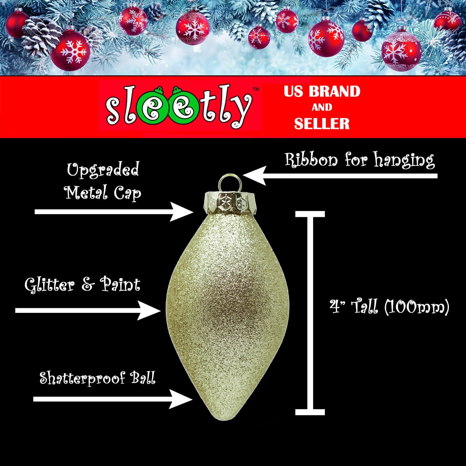 Gold Christmas Ornaments Set for Tree Decorations, Teardrop Finial | Large Gold Teardrop Pendant Tree Ornaments, Shatterproof Xmas Drop Decorations, Assorted Styles, 4in, 12-Piece Set