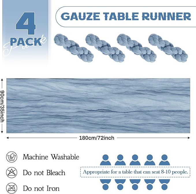Aktor 4 Pack Dusty Blue Table Runner Boho Cheesecloth Table Runner Semi Sheer Gauze Fabric Runners for Wedding Birthday Baby Shower Party Boho Table Decoration（Dusty Blue）