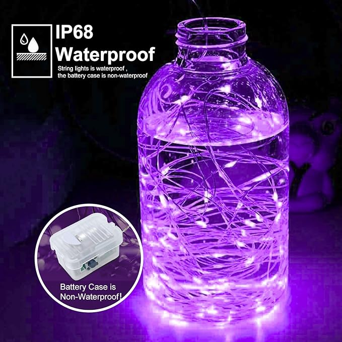 pozzolanas 50 Pack Purple Battery Operated String Lights - 7 ft Waterproof Fairy Lights with 20 LEDs for Home, Mason Jar, Party, Wedding, Halloween, Christmas Decorations