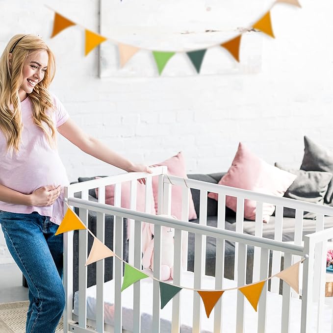 Oudain 15.5 ft Pennant Banner Flags, 2 Pcs Nursery Garland Triangle Bunting Flag Baby Banner for Nursery Decor Baby Birthday Boho Wedding Shower Party Event, Each 7.75 ft(Retro Forest Color)