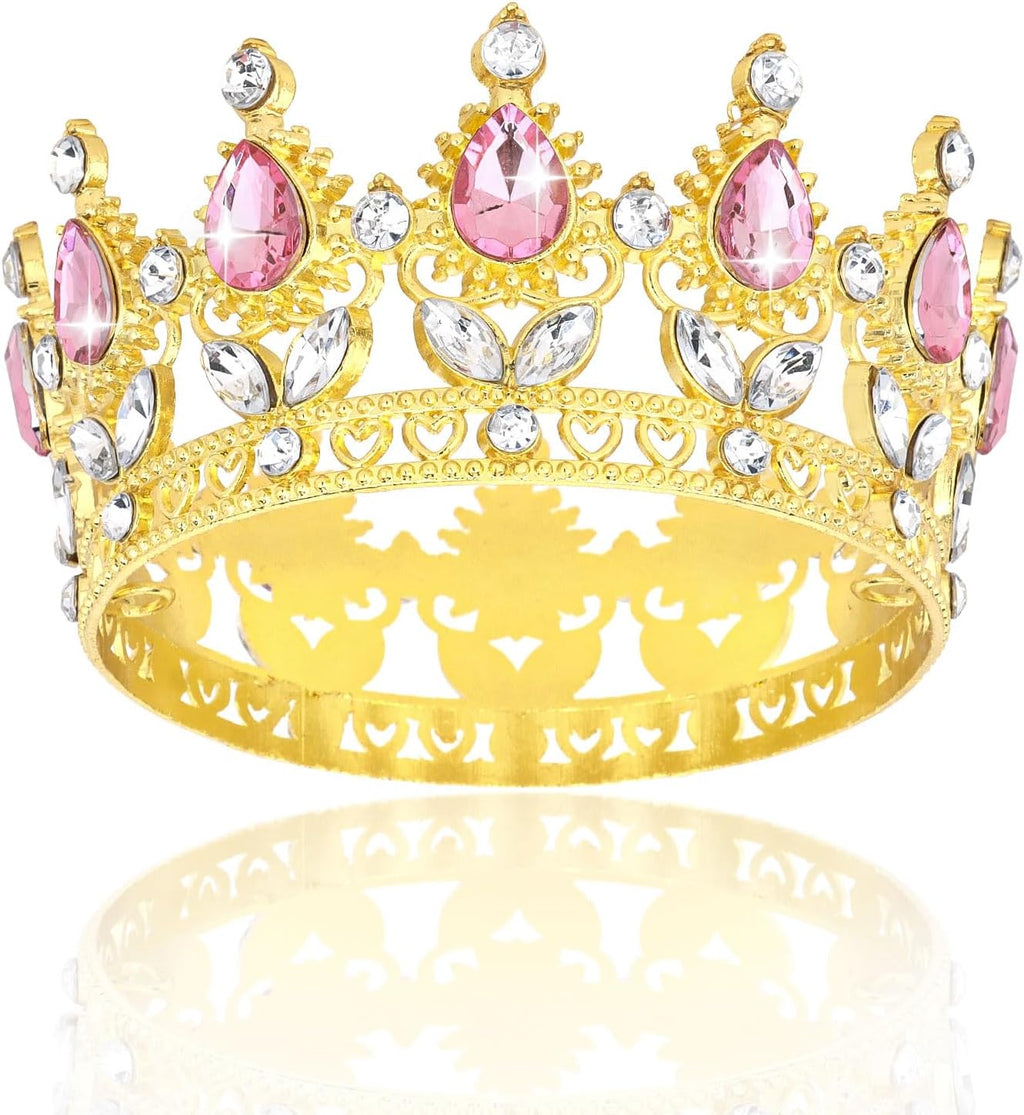 Crown Cake Topper Happy Birthday Cake Toppers Wedding Cake Toppers Mini Crowns for Flower Bouquets Party Decorations (Gold Pink)