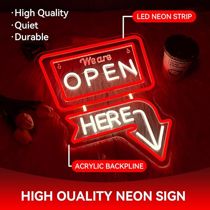 Ineonlife We Are Open Here Neon Sign Dimmable Neon Signs For Wall Decor Led Lights For Bar Man Cave Club Store Hotel Restaurant Coffee Shop Business Decor Gifts USB Powered 12.6x15.35in