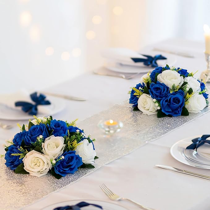 BLOSMON Rose Flowers Artificial for Decoration: 10 Pcs Royal Blue White Fake Kissing Balls for Wedding Table Centerpieces - Artificial Silk Floral Bouquet Arrangements for Home Party DIY Decor