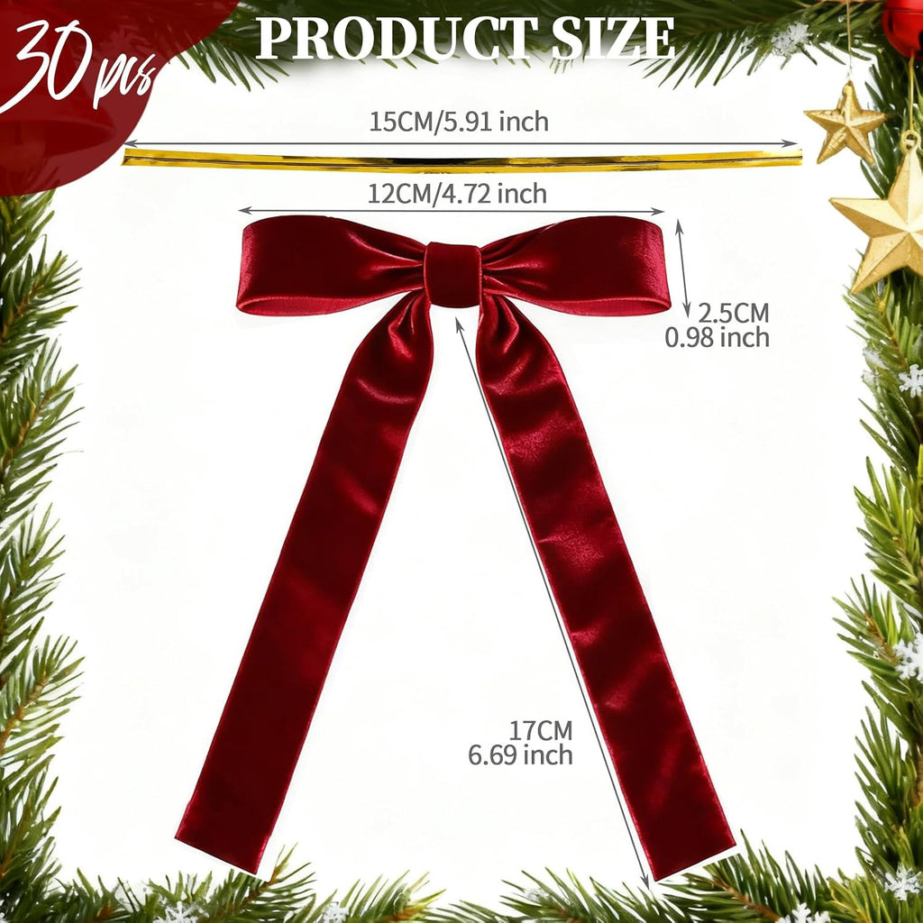 YGDZ 30PCS Red Velvet Bows for Christmas Tree, 5" x 7" Vintage Ribbon Bows for Xmas Decor, Burgundy Christmas Ornaments for Wreath Gift Wrapping, Garland, Treat Bag, Party Decorations