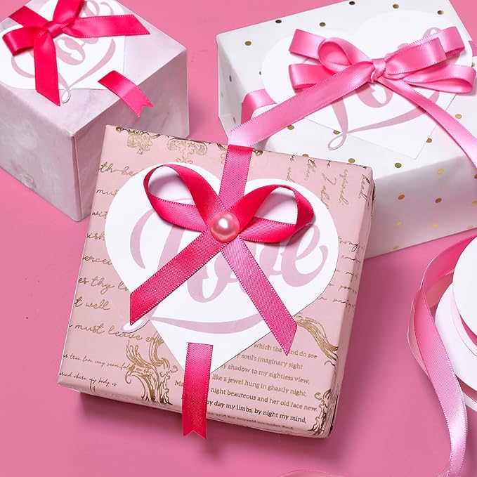 Ribest Pink Double Faced Satin Ribbon Set, 3/8 Inch White, Light Pink, Pink, Hot Pink, Fuchsia Ribbons for Valentine's Day Gift Wrapping Crafts Wedding Baby Shower, 5 Rolls × 10 Yards Total 50 Yards