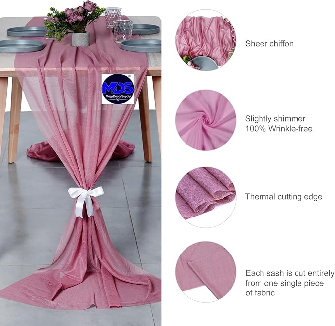 MDS 15 Pack 10ft Chiffon Table Runner 29 x 120 Inches Sheer Wedding Runner Romantic Rustic Table Runner for Wedding Decorations, Birthday Parties, Bridal Shower Party Arch Decor - mauva