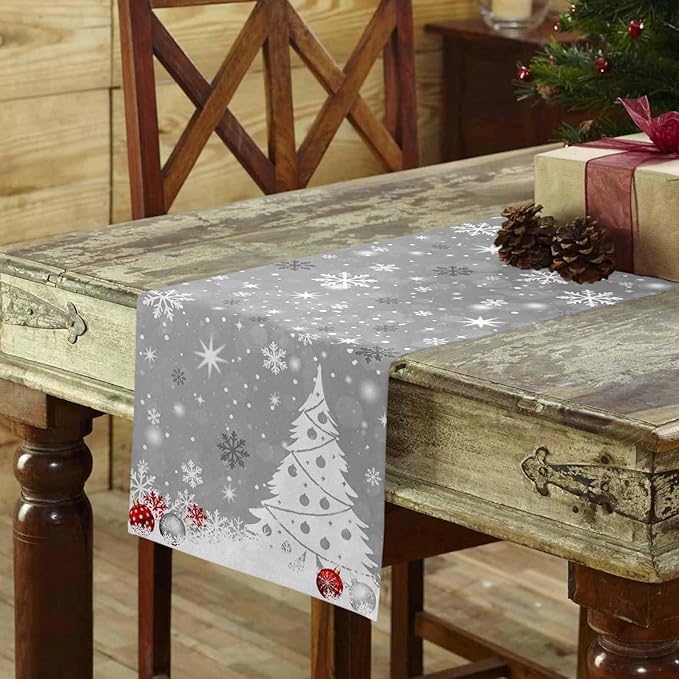 Christmas Snowflakes Cotton Linen Table Runner for Dining Kitchen, Xmas Tree Snow Winter Wedding Outdoor Party Tablerunners Decoration, Grey Balls Dresser Scarf Coffee Tablecloth Runners 13x70 Inches