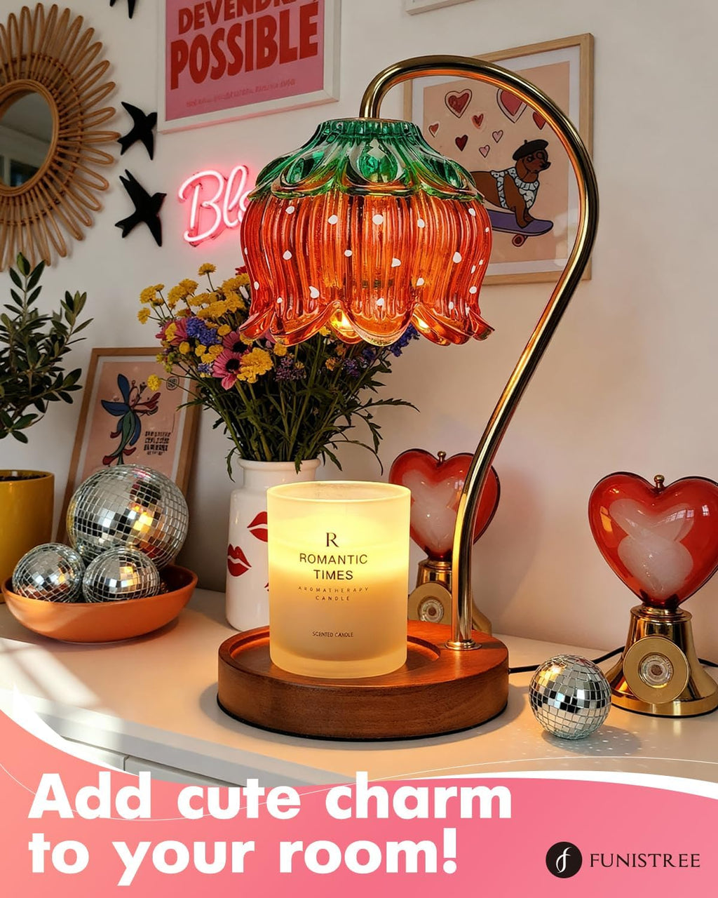 Funistree Flower Candle Warmer Lamp with Timer, Dimmable Candle Lamp Warmer, Christmas Birthday Gifts for Women Mom Her, Housewarming Home Decor, Lotus Wax Warmer for Yankee Candles - Strawberry