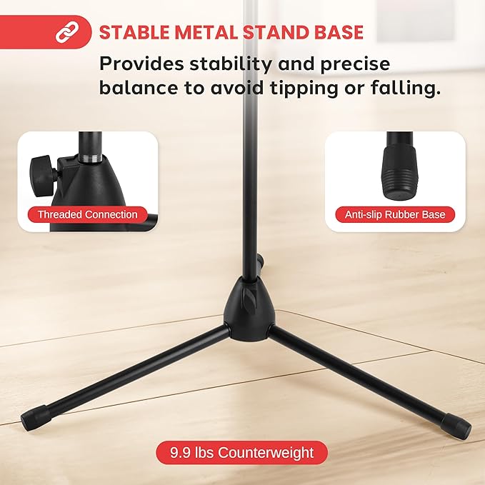 Pyle Tripod Mic Stand, Adjustable Gooseneck Microphone Stand, Sturdy Build, Non-Slip Rubber Feet, Folds Flat for Compact Storage, Includes Mic Clip & 5/8" Adapter, 52.36" to 79.13" Inch