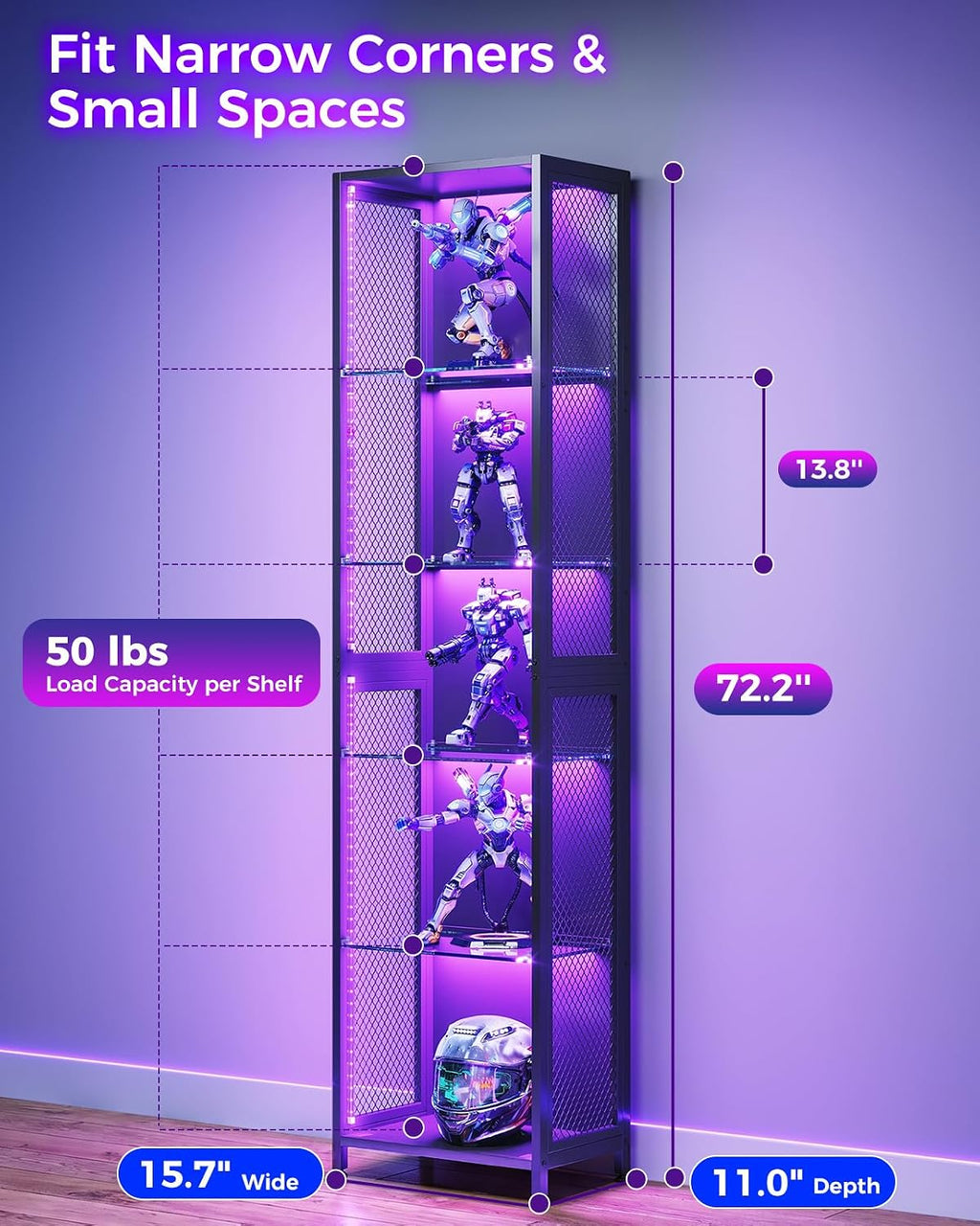 aodk 72" tall display case with led lights, side view