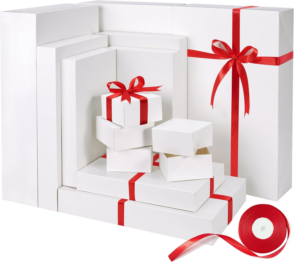 Bobobag 13 Pack White Gift Boxes with Lids for Presents, Assorted size Gift Boxes for Christmas ( 3 Extra large 17",3 Large 14.25",3 Medium 11",4 Small 4" ,Red Ribbon ), 4 inch Deep Box for Wrapping Robe Scarf Mug.