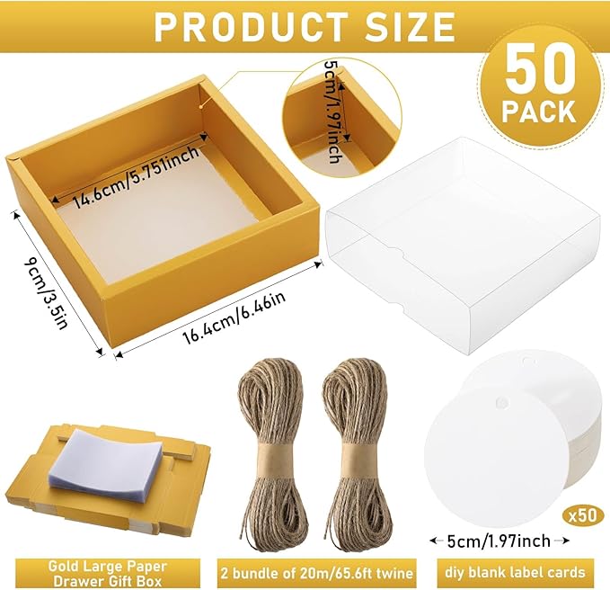 Roowest 50 Sets Kraft Soap Boxes Rectangle Packaging Box with Window Homemade Gift Box with Blank Tags and Jute String for Jewelry Candy Wrapping Party Favor(6.5 x 6.5 x 2 Inch,Gold)
