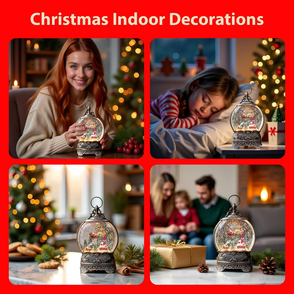 Christmas Snow Globe Lantern with Santa Claus Flying Reindeer, Lighted Swirling Glittering Snow Globes with Music & Timer, Christmas Decorations for Home Tabletop Indoor Gifts