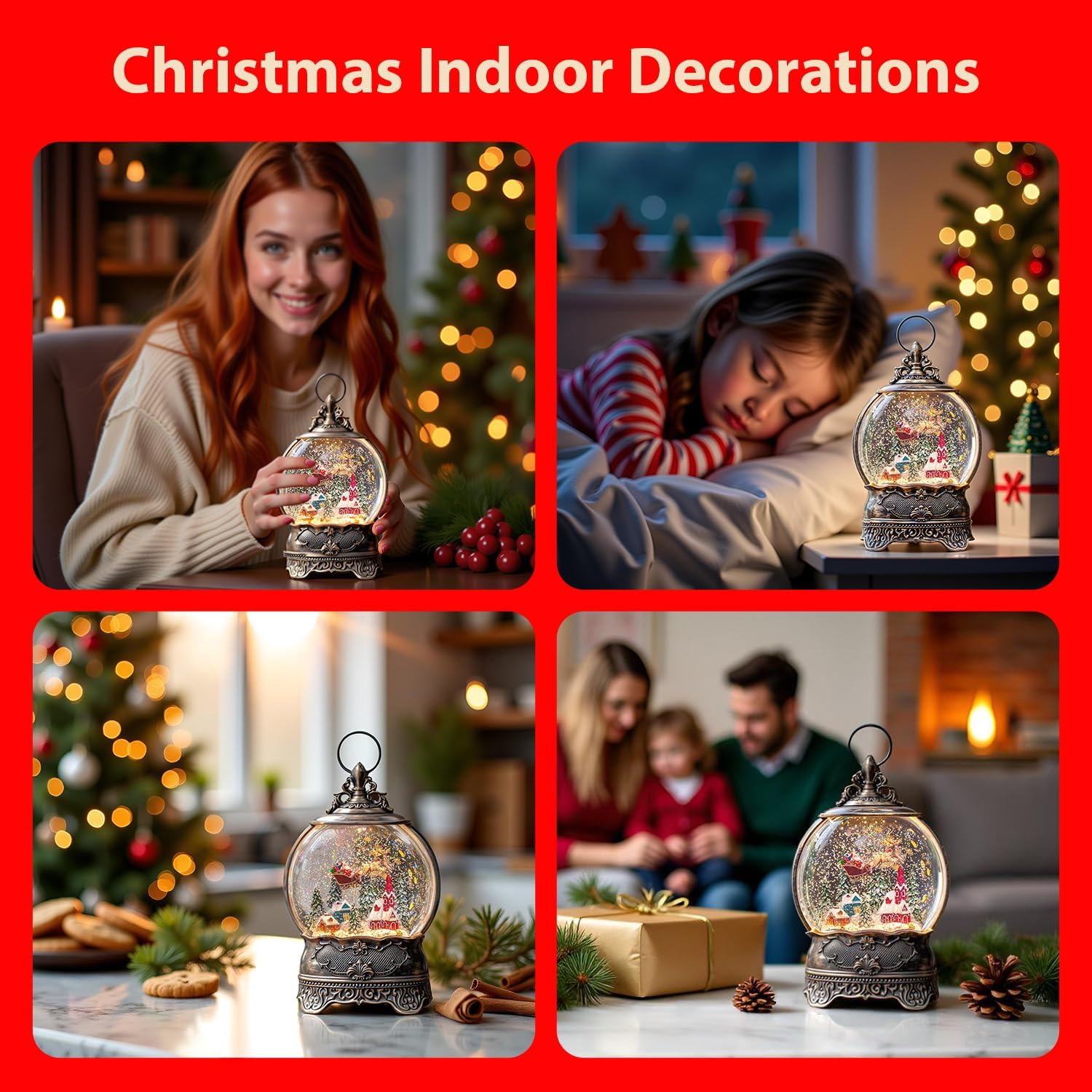 Christmas Snow Globe Lantern with Santa Claus Flying Reindeer, Lighted Swirling Glittering Snow Globes with Music & Timer, Christmas Decorations for Home Tabletop Indoor Gifts