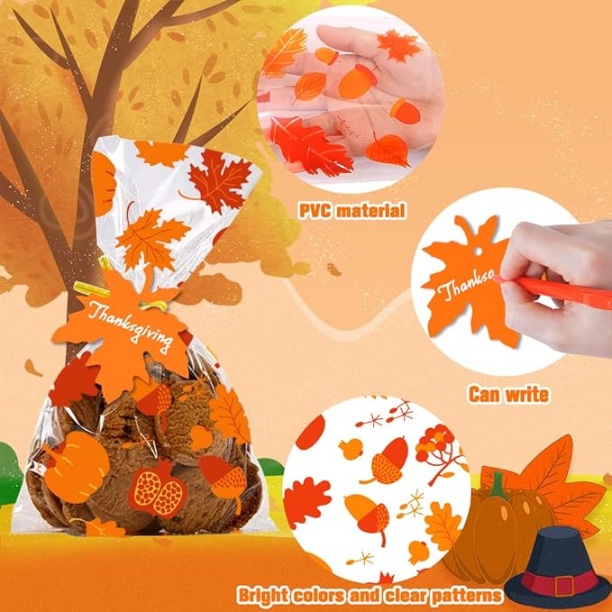 YUJUN 120 PCS Fall Cellophane Treat Bags,Maple Leaves Gift Goodie Candy Autumn Clear Cello Bags with 60 Pieces Maple Leaves Tags for Fall Autumn Thanksgiving Theme Party Favor Supplies(4 Styles)