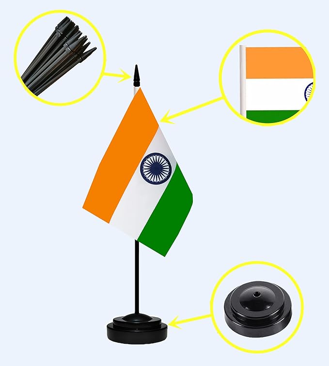 India Indian Deluxe Desk Flag Set Small Mini Miniature India Indian Table Desktop Flags With Solid Pole, Black Base and Spear Top(2 Pack)