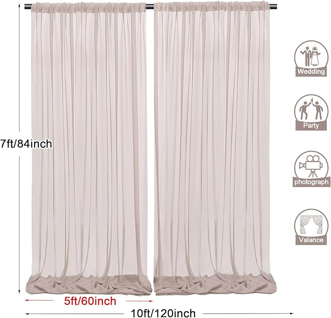 PARTISKY 10ftx7ft Taupe Chiffon Backdrop Curtains, Wrinkle-Free Sheer Fabric Photo Drapes for Wedding Ceremony Arch Birthday Baby Shower Photography Stage Decor 5ft x 7ft, 2 Panel