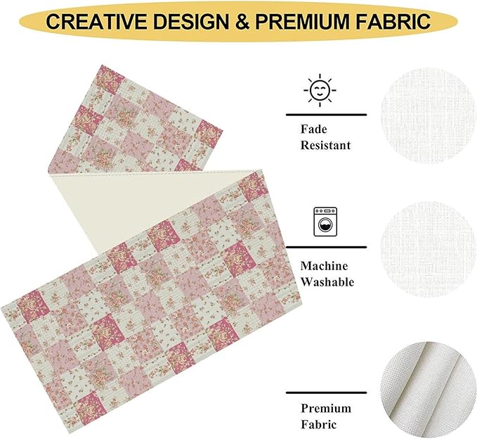 Patchwork Table Runner, Boho Vintage Pink Wildflowers Bohemian Paisley Flower Farmhouse Table Center Decor for Home Kitchen Dining Patio Holiday Party Indoor Outdoor Table Decorations, 13"x90" Inch