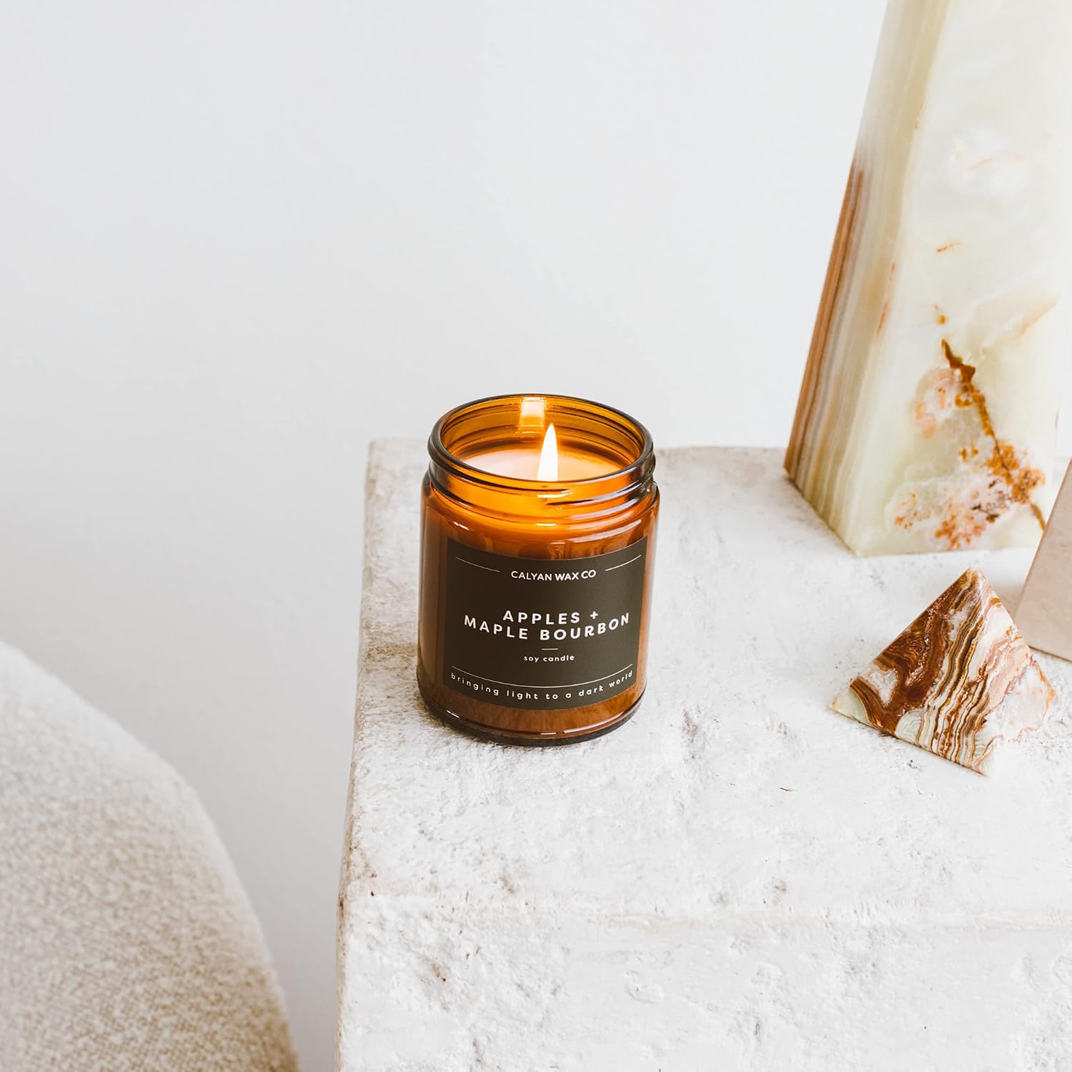 Calyan Wax Co. Apples & Maple Bourbon Scented Candle - 57 Hour Burn - Luxury Clean Soy Wax Candles - Long Lasting Amber Glass Jar Candle for Home - 7.2oz