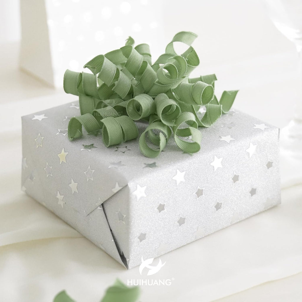 HUIHUANG Sage Green Bows for Gift Wrapping, Sage Curly Ribbon Bows Self Adhesive Burst Gift Bow for Presents, Wine Bottle, Treat Bags, Wrap Accessories, Bridal Shower Wedding Party Favor - 6 Counts