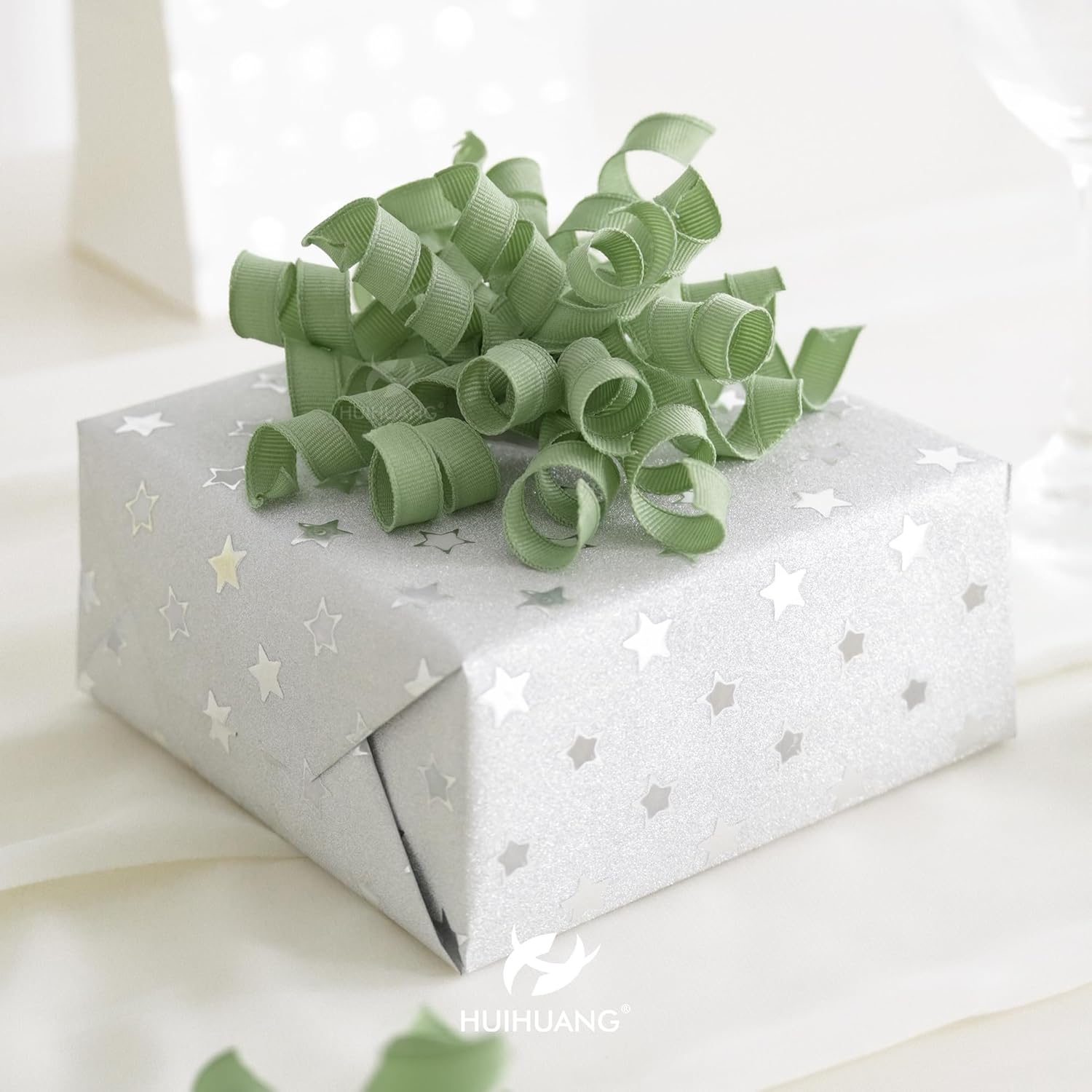 HUIHUANG Sage Green Bows for Gift Wrapping, Sage Curly Ribbon Bows Self Adhesive Burst Gift Bow for Presents, Wine Bottle, Treat Bags, Wrap Accessories, Bridal Shower Wedding Party Favor - 6 Counts