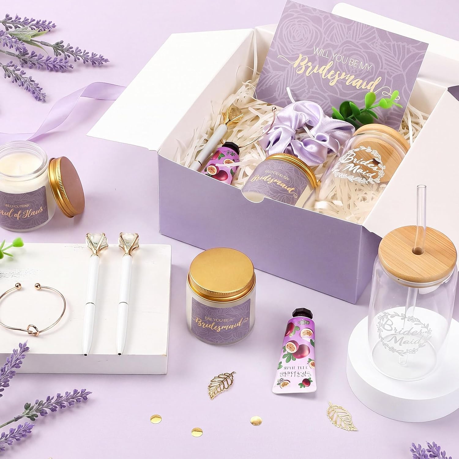 Teenyyou 60 Pcs Bridesmaid Proposal Gifts Bridesmaid Box Set, Maid of Honor Gifts Include Box Glass Cup Candle Cards Hair Ties Knotted Bracelets Hand Cream Diamond Pens (Purple)