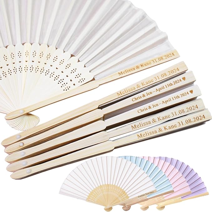 100 Set Personalized Cream Wedding Fans for Guests Bulk, Custom Engraved Summer Wedding Fans, Silk Hand Fans Handheld Folded Fan Baby Shower Favors for Bridal Bridesmaid Gift Church Dancing Party