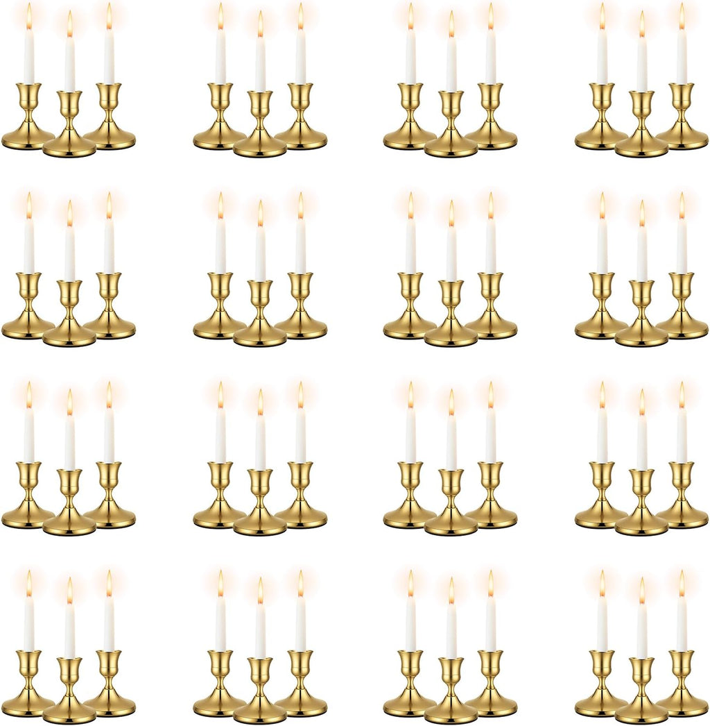 48 Pack Brass Gold Taper Candle Holders Set - Vintage Metal Candlestick Holders Set Candle Holder for Table Centerpiece, Wedding Reception, Festive Christmas Mantel Decoration or Home Decor Gold