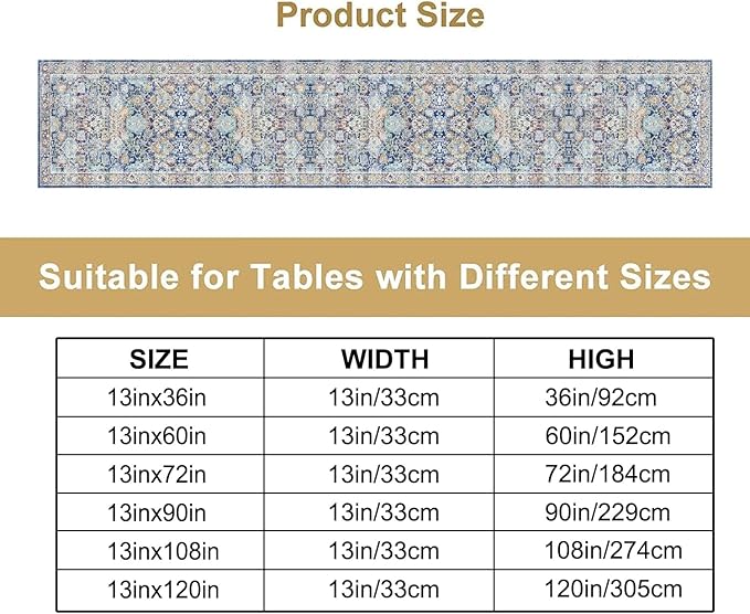 Vintage Boho Floral Table Runner, Rustic Country Farmhouse Blue Yellow Retro Flower Pattern for Home Kitchen Table Decor Dining Coffee Room Party Decor 13x36in