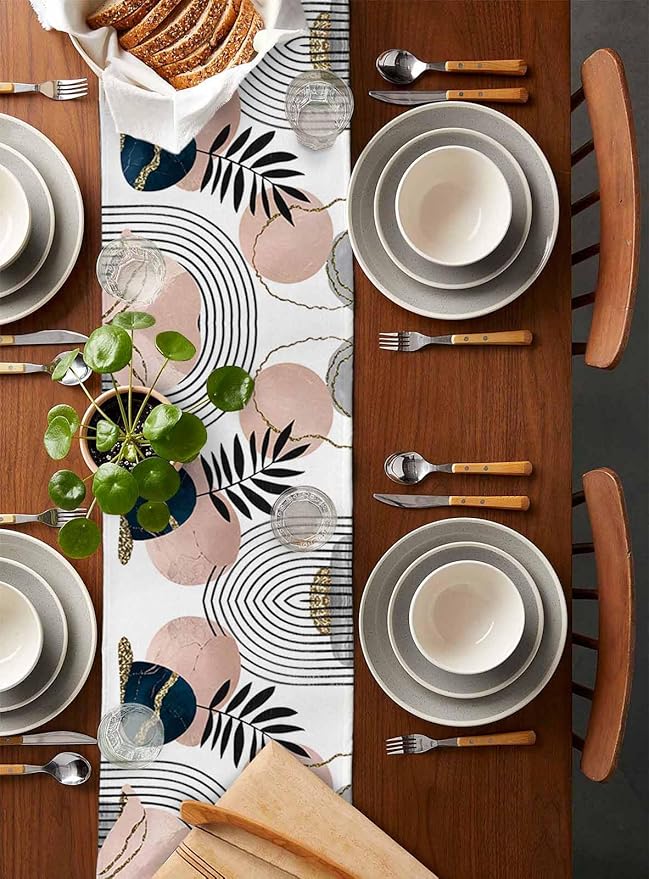 Modern Boho Cotton Linen Table Runner for Dining Kitchen, Wedding Outdoor Party Tablerunners Decoration, Abstract Bohemian Tropical Palm Leaf Dresser Scarf Coffee Tablecloth Runners 13x72 Inches