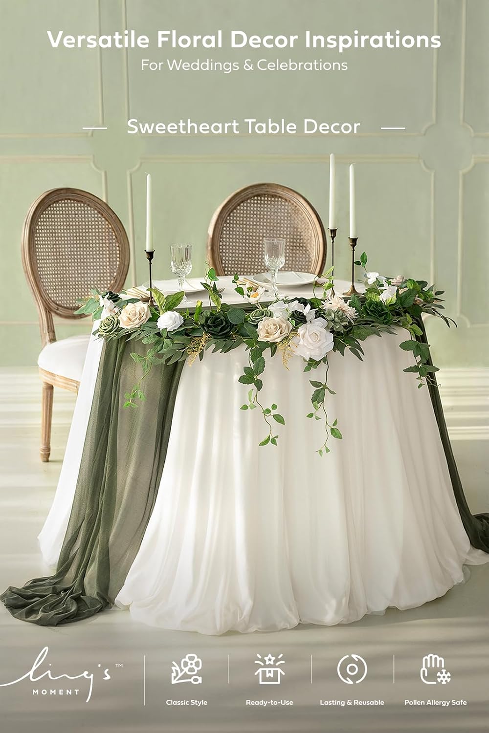 Ling's moment Flower Garland - 6FT Eucalyptus & Rose - Sweetheart Table Decor for Wedding Reception, Artificial Floral Garland for Mantle, Spring Garden Ceremony, Christmas Decoration, Beige Brown