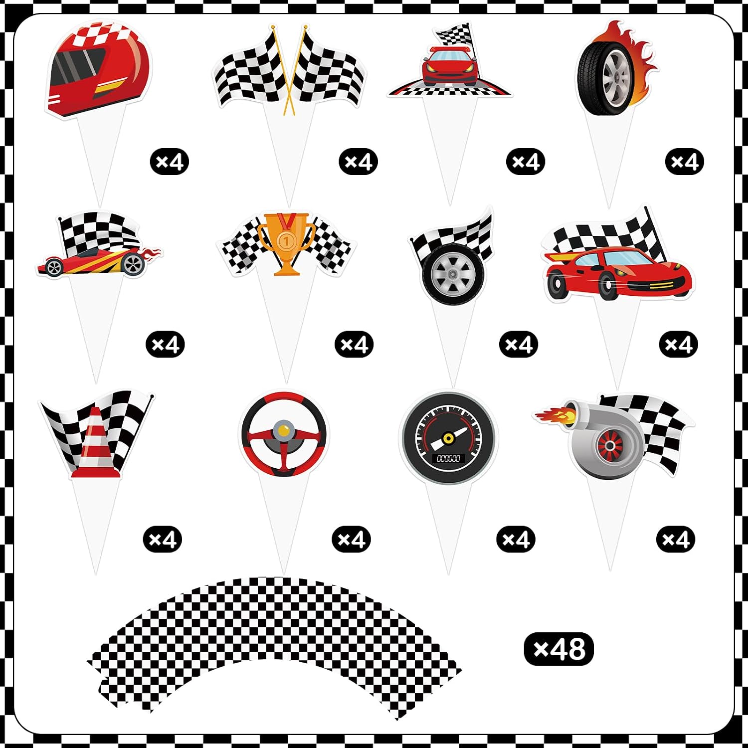 48 Pack Race Car Cupcake Toppers and Wrappers, Race Car Party Cake Decoration for Racing Checkered Theme Birthday Party Baby Shower Supplies