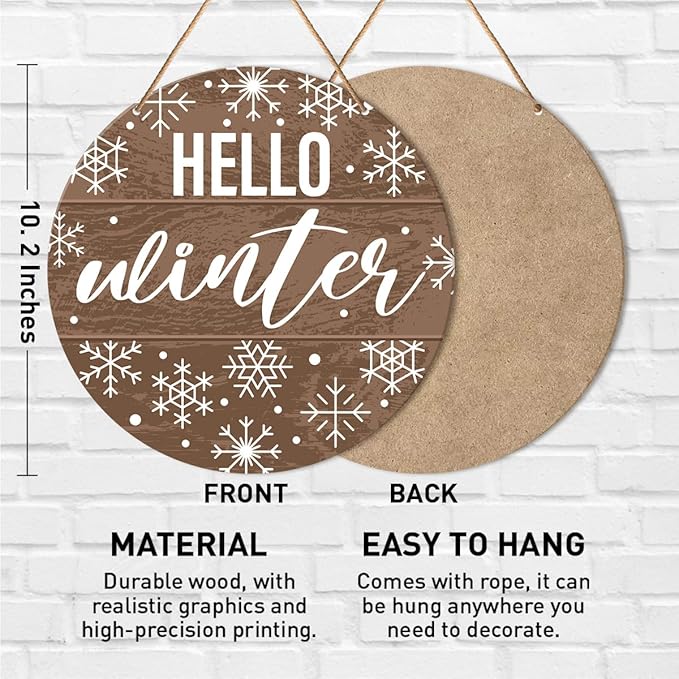 Muktoujaumai Hello Winter Sign Front Door Decor, Christmas Round Hanging Sign Decor Rustic Snowflake Xmas Holiday Wall Decorations Winter Wood Sign for Door, Porch, Home, Welcome Winter