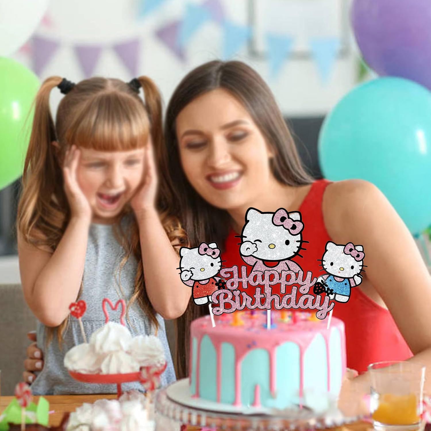 Birthday Cake Decorations, Cute Pink Glitter Happy Birthday Cake Toppers, Cartoon Party Supplies