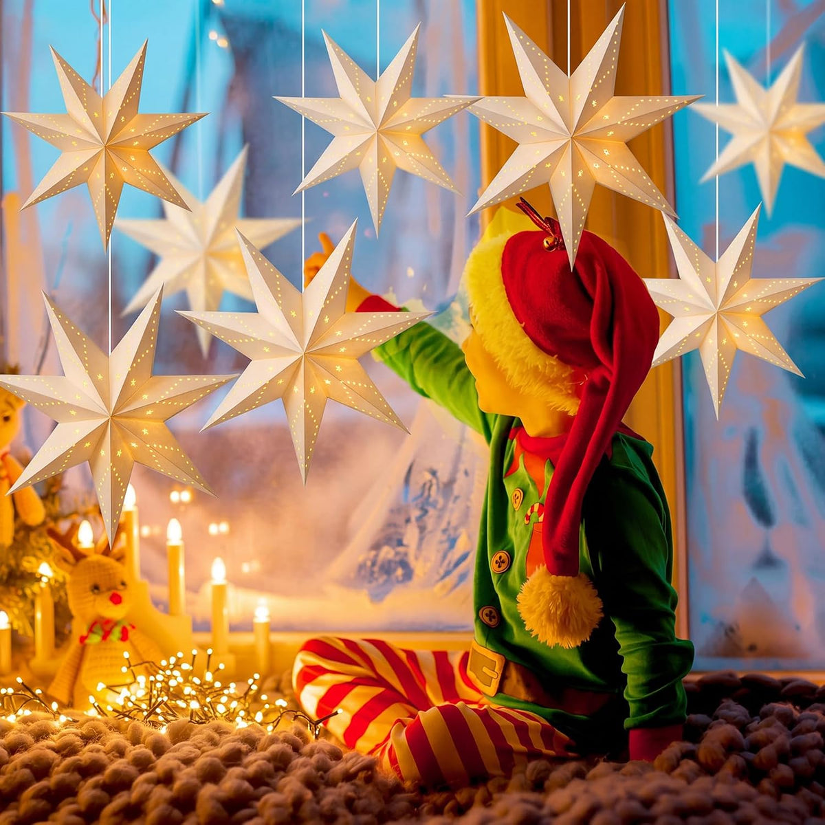 Youyole 12 Set Christmas Paper Star Lantern with Lights, 7 Pointed