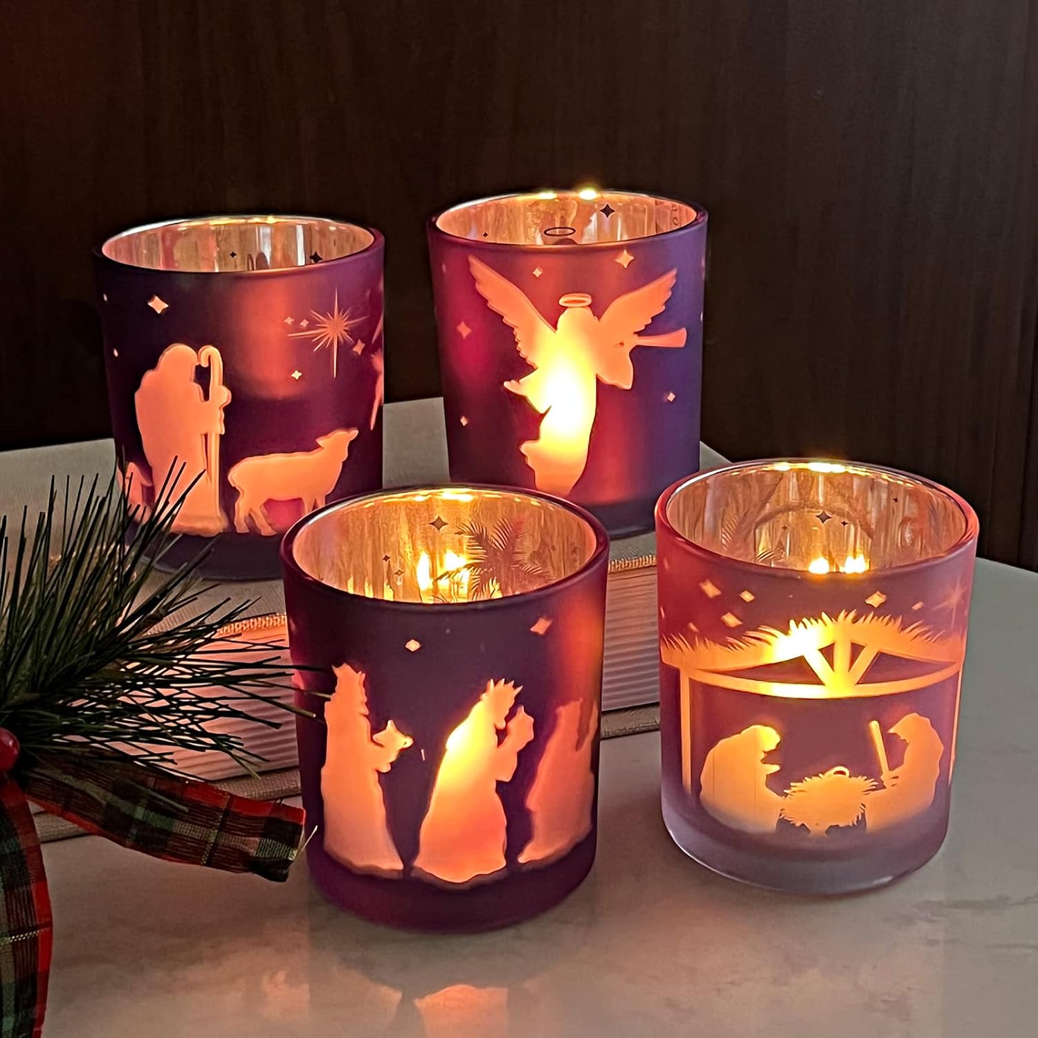 Advent Candle Holder Set of 4, Christian Decoration Votive Candle Holders, Glass Tealight Holders for Christmas Table Centerpieces Nativity Decorations, Purple & Pink