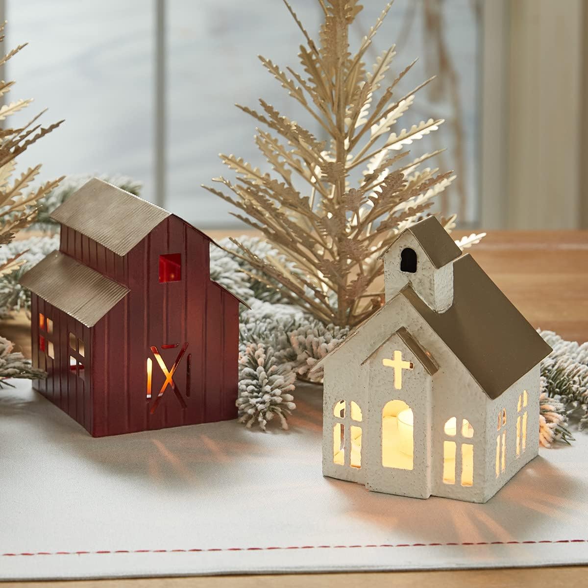 Orchid & Ivy Rustic Textured White Metal Church Tea Light Candle Holder with Cross Cut Out - Decorative House Shaped Tabletop Lantern - Country Farmhouse Religious Christmas Holiday Home Decor