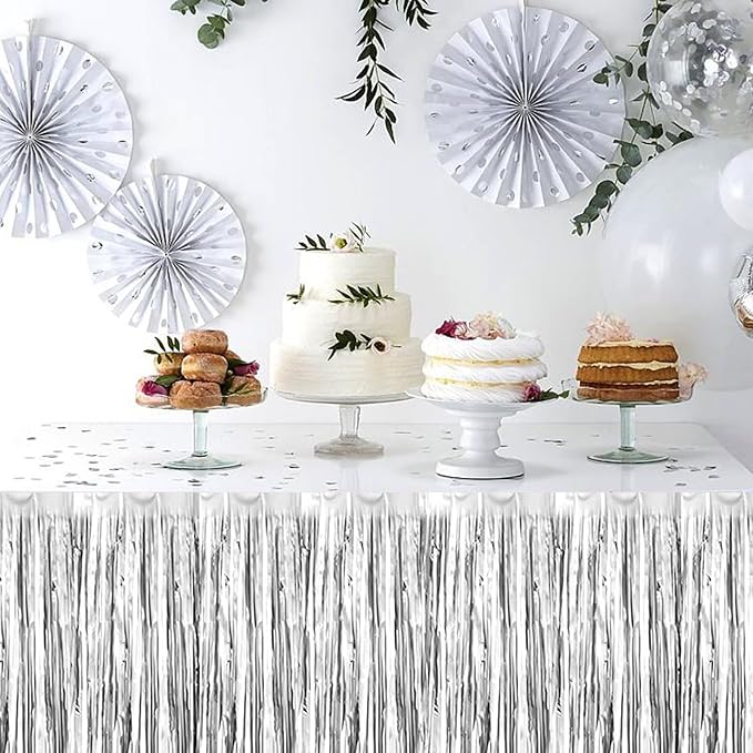 3 Pack 29 x108 Inch Silver Foil Fringe Table Skirts Metallic Banner for Tinsel Streamer Garland Backdrop for Parade Floats Wedding Thanksgiving Birthday Christmas Halloween New Year Party Decoration