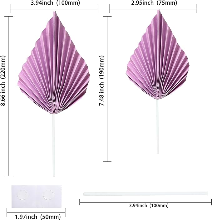 Ephlyn 6Pcs Paper Palm Fan Cake Topper Palm Spear Leaves Fan Cake Pick for DIY Craft Project Home Made Wedding Bridal Shower Birthday Anniversary Party Cake Decorations Purple