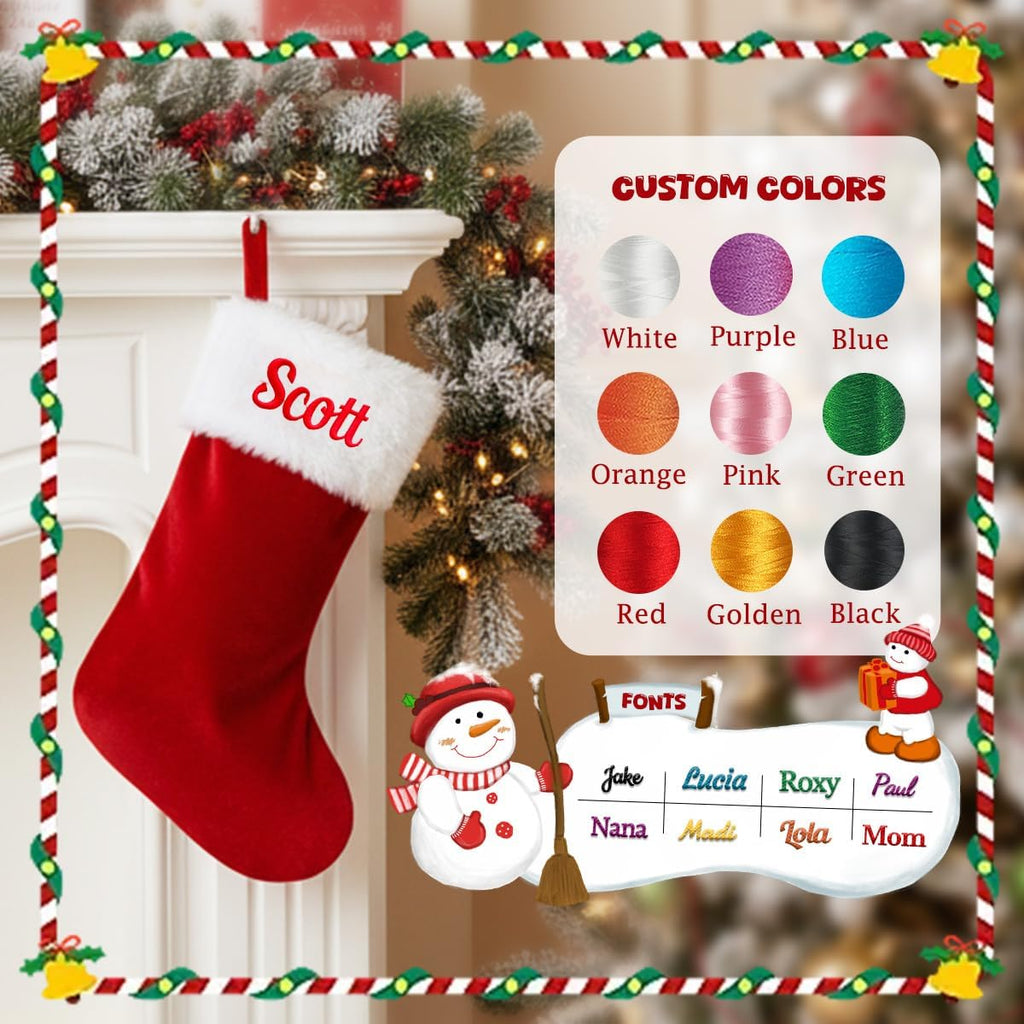 Personalized Christmas Stockings,Custom Embroidered Name Family Stocking | 20 Inch Large Red Velvet with White Soft Plush Cuff Xmas Stocking ,Holiday Stocking for Fireplace Party Decoration(1 Pcs)