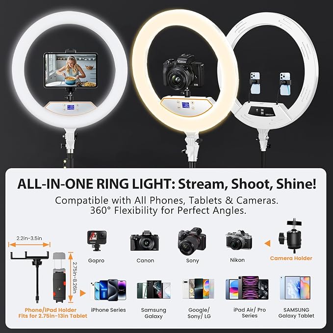 Ring Light 22inch Kit: Ring Light Tripod for iPhone ipad,with 75" Tripod/LCD Display/4 Phone Tablet Clips/2 USB Ports,LED RingLight for Barber Makeup Tattoo TikTok Video Recording Vlog (White)