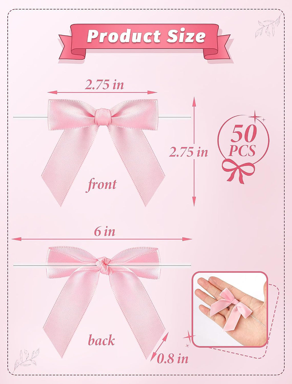 50 Pcs Pink Mini Bows 2.75 Inch Twist Tie Bows, Pink Bows for Gift Wrapping | Satin Ribbon Bows for DIY Crafts, Party Decorations, Baby Shower, Birthday, Wedding Decor, Gift Bags
