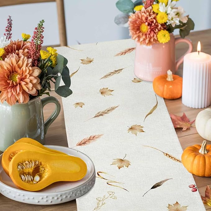 Fall Thanksgiving Cotton Linen Table Runner for Dining Kitchen, Orange Pumpkins Outdoor Party Autumn Tablerunners Decoration Rustic Wheat Leaves Dresser Scarf Coffee Tablecloth Runners 13x120 Inches