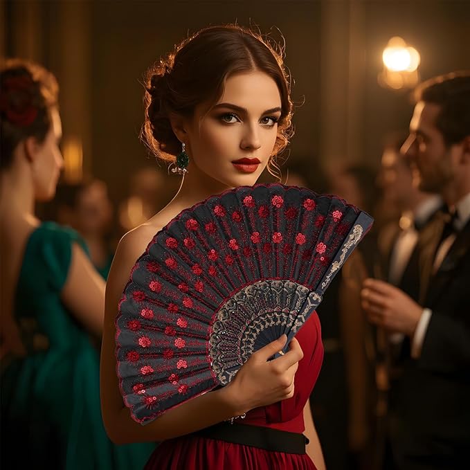 QIRMIZI 30 Pack Fabric Folding Handheld Fans, Perfect for Weddings, Parties, and Dancing,Red