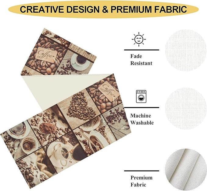 Coffee Theme Table Runner, Rustic Farmhouse Coffee Cup Latte Cappuccino Tea Party Cafe Table Center Decor for Home Kitchen Dining Patio Holiday Party Indoor Outdoor Table Decorations, 13"x36" Inch