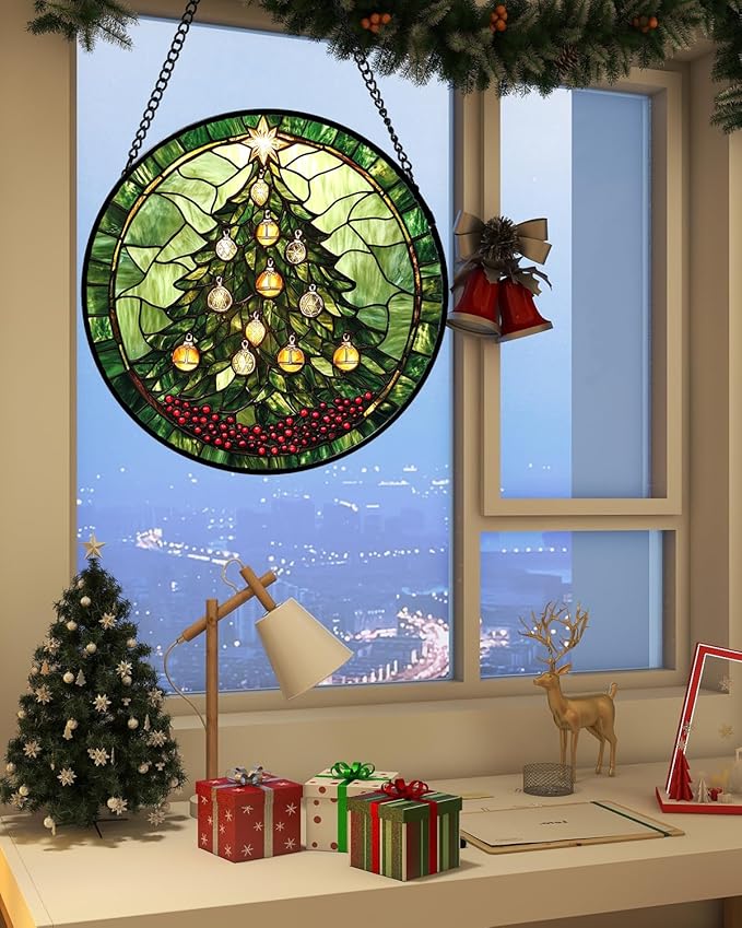 Stained Glass Window Hanging - Green Christmas Tree Golden Bells Suncatcher for Doors Home Christmas Decoration Sun Catcher Thanksgiving New Year Birthday Gift for Women Men Mom Nana 15 in