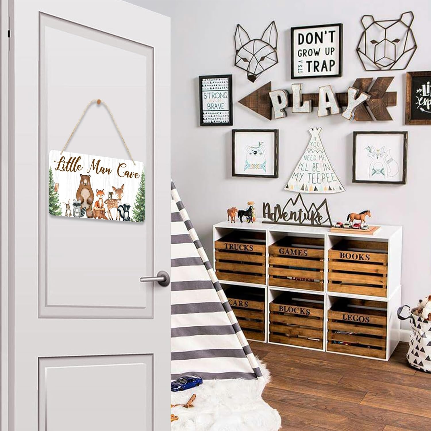 Uflashmi Wood Little Man Cave Sign, Woodland Animal Nursery Wall Decor for Baby Boys Room, Woodland Theme Nursery Room Decor for Toddler Boy, 12”x6”