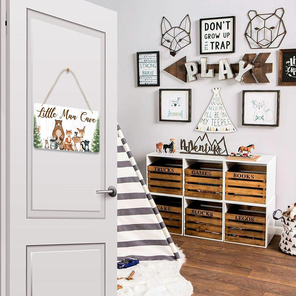 Uflashmi Wood Little Man Cave Sign, Woodland Animal Nursery Wall Decor for Baby Boys Room, Woodland Theme Nursery Room Decor for Toddler Boy, 12”x6”