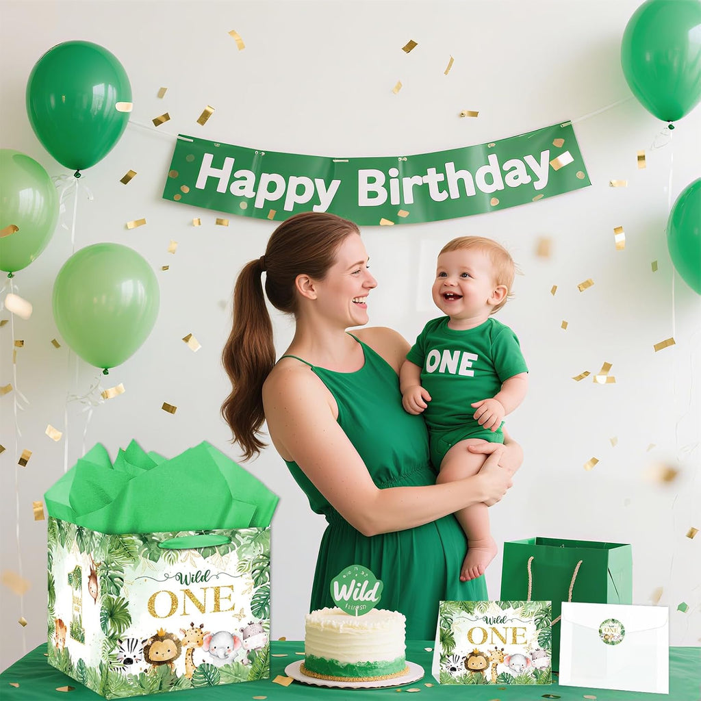 Extra Large Wild One Gift Bag Square Jumbo Wild Animal 1st Birthday Bag for Baby Boys with Wrapping Paper Card Sticker Envelope Jungle First Birthday Safari One Year Old Party Favors Decorations