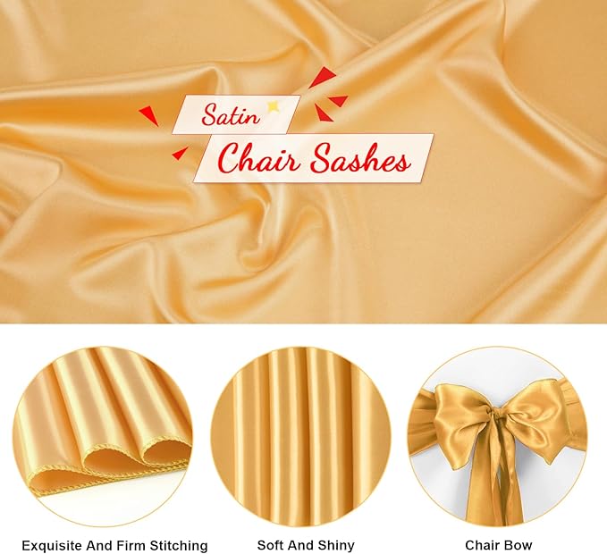 Satin Chair Sashes Bows Universal Chair Ribbon Ties Back Sash for Wedding Party Reception Events Banquets Hotel Event Chair Cover Decoration (7x108 inch) (100, Gold)